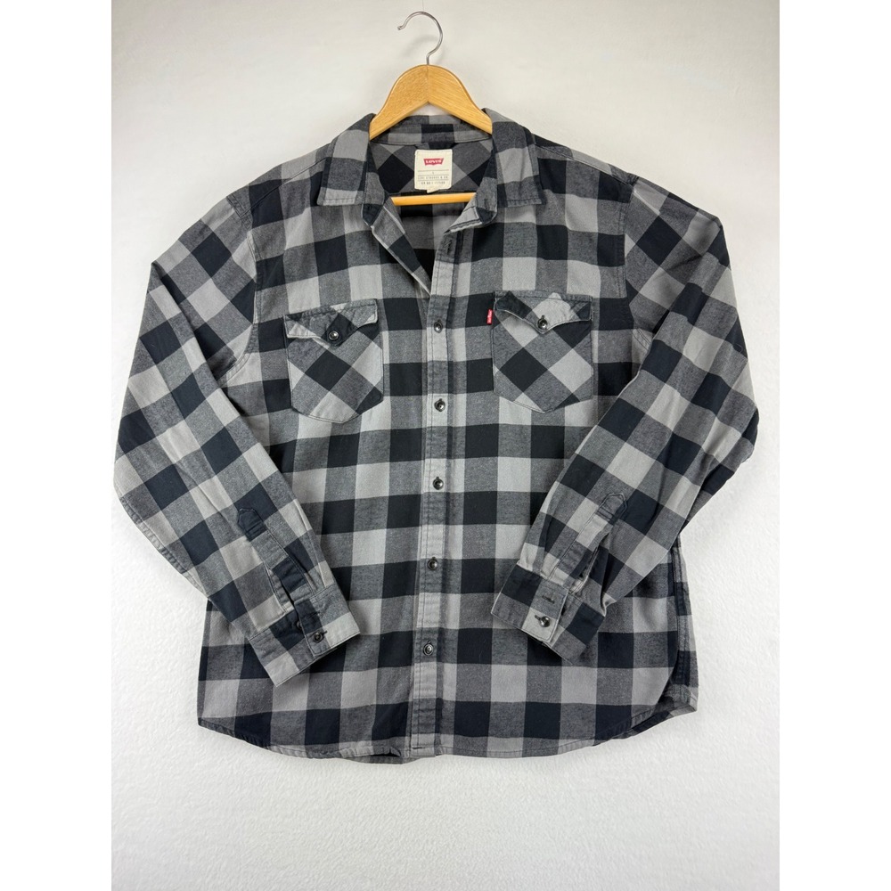 Levi's Plaid Button Down Shirt Mens Large Grey Black Flannel Long Sleeve - Picture 3 of 6